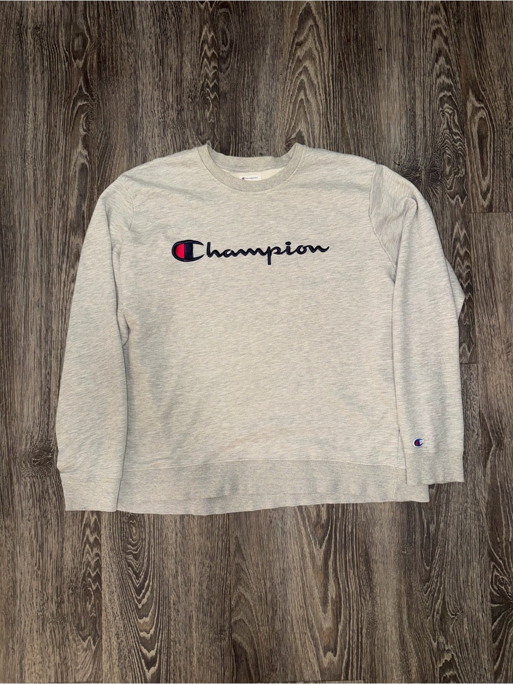 Champion Light Gray Crewneck Sweatshirt with Navy & Red Logo